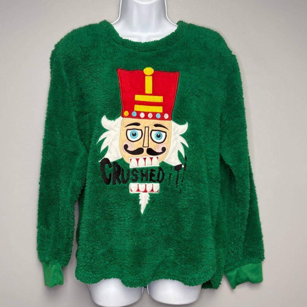 Briefly Stated Ugly Sweater Nutcracker Embroidered Green Sherpa Womens Sz XL